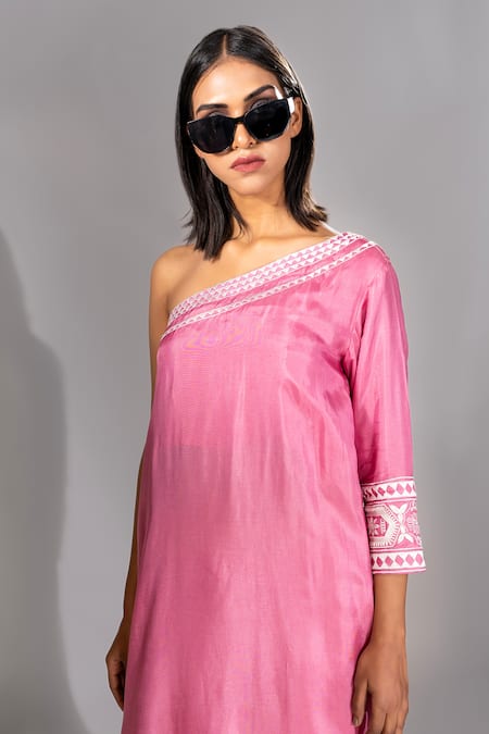 Shop_Shruti S_Pink One Shoulder Embroidered Tunic And Pant Set _Online_at_Aza_Fashions