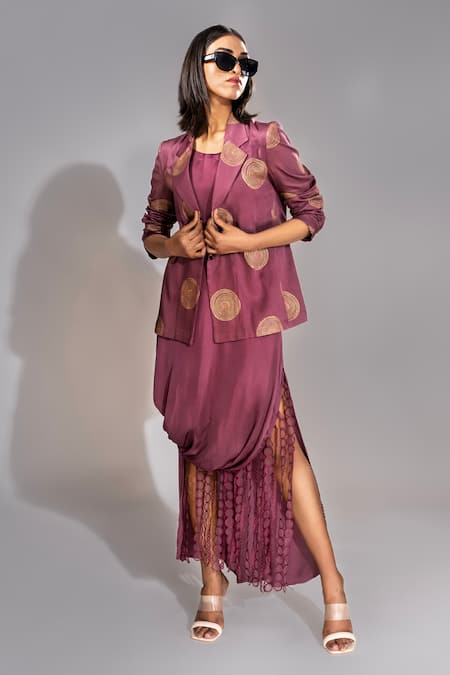 Shruti S Wine Jacket  100% Natural Cotton Hand Block Printed Circular With Fringed Dress