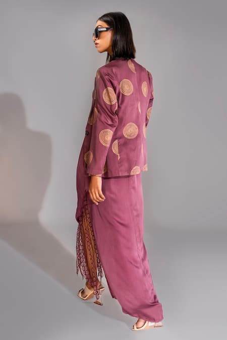 Shop Shruti S Wine Cotton, Modal Embroidery, Tassels Block Print Jacket With Fringed Dress at Aza Fashions Shop_Shruti S_Wine Cotton, Modal Embroidery, Tassels Block Print Jacket With Fringed Dress _at_Aza_Fashions