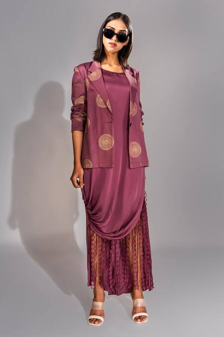 Shruti S Wine Cotton, Modal Embroidery, Tassels Block Print Jacket With Fringed Dress Online at Aza Fashions Shruti S_Wine Cotton, Modal Embroidery, Tassels Block Print Jacket With Fringed Dress _Online_at_Aza_Fashions
