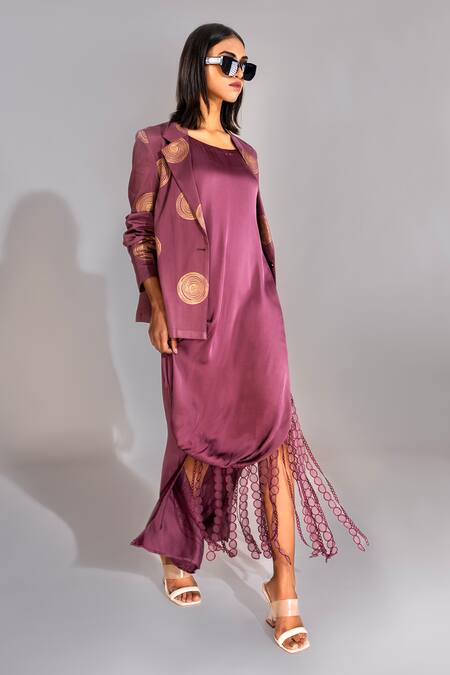 Buy Shruti S Wine Cotton, Modal Embroidery, Tassels Block Print Jacket With Fringed Dress Online at Aza Fashions Buy_Shruti S_Wine Cotton, Modal Embroidery, Tassels Block Print Jacket With Fringed Dress _Online_at_Aza_Fashions