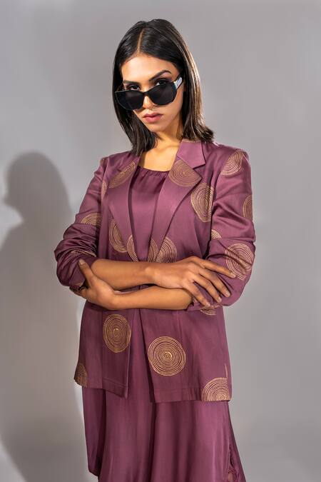 Shop Shruti S Wine Cotton, Modal Embroidery, Tassels Block Print Jacket With Fringed Dress Online at Aza Fashions Shop_Shruti S_Wine Cotton, Modal Embroidery, Tassels Block Print Jacket With Fringed Dress _Online_at_Aza_Fashions