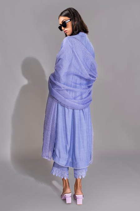 Shop Shruti S Lavender Cotton, Organza Lace Bandeau Neck Embroidered French Kurta Pant Set at Aza Fashions Shop_Shruti S_Lavender Cotton, Organza Lace Bandeau Neck Embroidered French Kurta Pant Set _at_Aza_Fashions