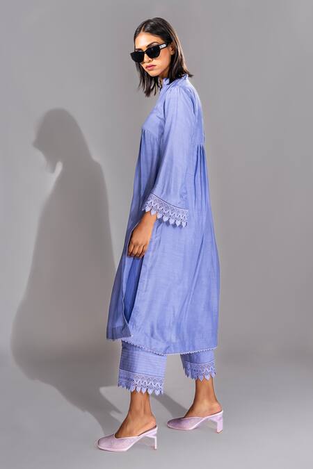 Shruti S Lavender Cotton, Organza Lace Bandeau Neck Embroidered French Kurta Pant Set Online at Aza Fashions Shruti S_Lavender Cotton, Organza Lace Bandeau Neck Embroidered French Kurta Pant Set _Online_at_Aza_Fashions