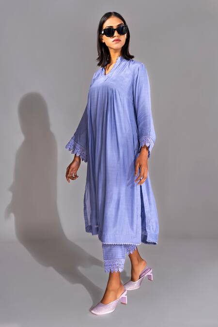 Shop Shruti S Lavender Cotton, Organza Lace Bandeau Neck Embroidered French Kurta Pant Set Online at Aza Fashions Shop_Shruti S_Lavender Cotton, Organza Lace Bandeau Neck Embroidered French Kurta Pant Set _Online_at_Aza_Fashions