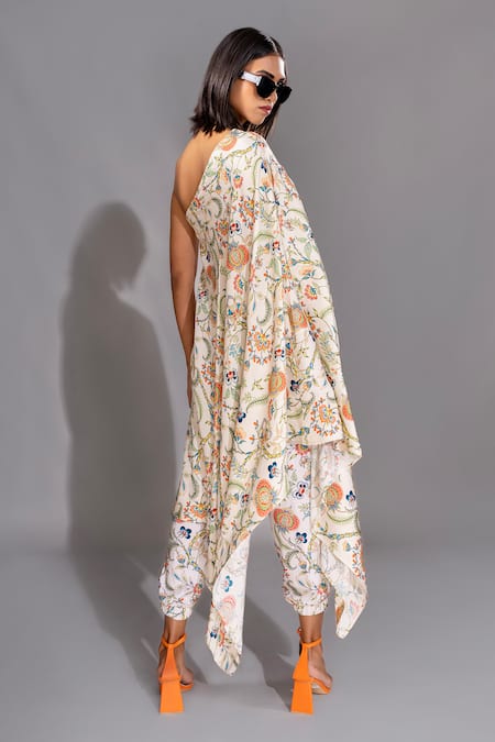Shop Shruti S Beige Satin, Cotton One Shoulder Printed Top And Joggers Set at Aza Fashions Shop_Shruti S_Beige Satin, Cotton One Shoulder Printed Top And Joggers Set _at_Aza_Fashions