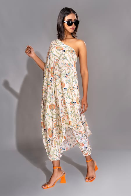 Shruti S Beige Satin, Cotton One Shoulder Printed Top And Joggers Set Online at Aza Fashions Shruti S_Beige Satin, Cotton One Shoulder Printed Top And Joggers Set _Online_at_Aza_Fashions