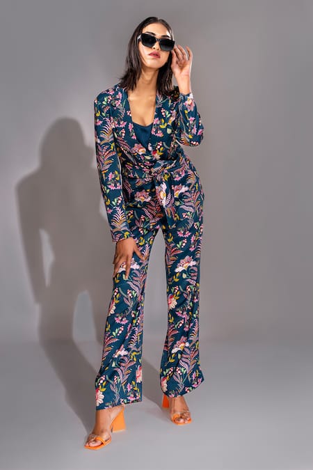 Shruti S Blue Natural Yarn Heavy Breathable Satin Printed Jacket And Trouser Co-ord Set