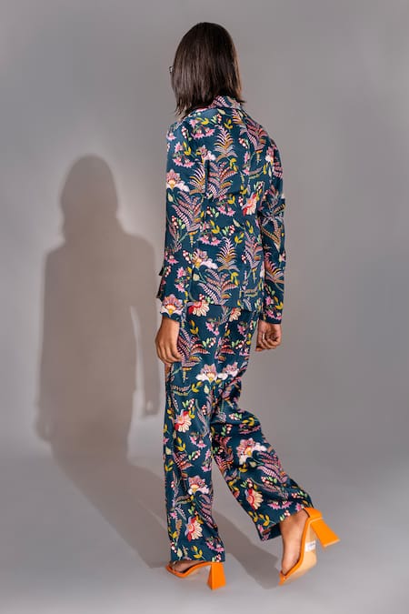 Shop Shruti S Blue Satin Floral Print Jacket And Trouser Co-ord Set at Aza Fashions Shop_Shruti S_Blue Satin Floral Print Jacket And Trouser Co-ord Set _at_Aza_Fashions