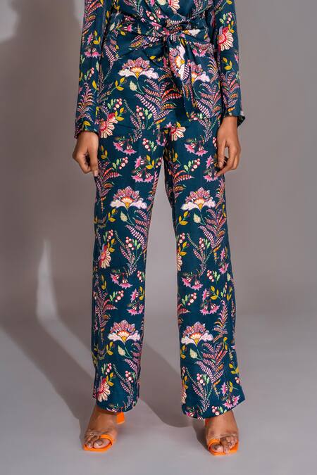 Shruti S Blue Satin Floral Print Jacket And Trouser Co-ord Set Online at Aza Fashions Shruti S_Blue Satin Floral Print Jacket And Trouser Co-ord Set _Online_at_Aza_Fashions