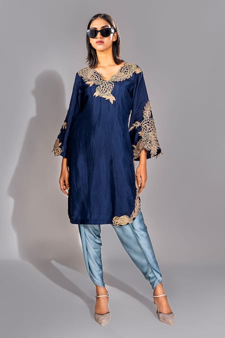 Shruti S Blue Kurta Silk Embroidered Zari V Neck And Tulip Pant Set