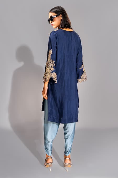 Shop Shruti S Blue Silk, Modal, Satin Embroidery V-neck Zari Kurta And Tulip Pant Set at Aza Fashions Shop_Shruti S_Blue Silk, Modal, Satin Embroidery V-neck Zari Kurta And Tulip Pant Set _at_Aza_Fashions