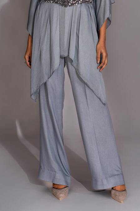 Shruti S_Gray V-neck Grey Sequin Belt Kaftan And Trouser Set_Online_at_Aza_Fashions
