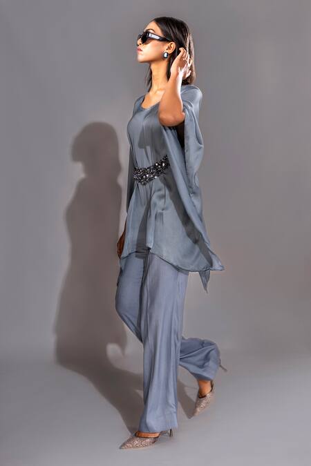 Buy_Shruti S_Gray V-neck Grey Sequin Belt Kaftan And Trouser Set_Online_at_Aza_Fashions