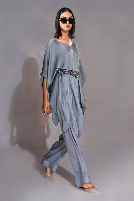 Shop_Shruti S_Gray V-neck Grey Sequin Belt Kaftan And Trouser Set_Online_at_Aza_Fashions