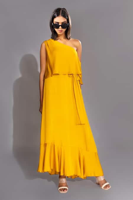 Shruti S Yellow Natural Breathable Modal Satin Solid One Shoulder Dress With Belt