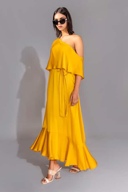 Shruti S_Yellow Modal One Shoulder Solid Dress With Belt _Online_at_Aza_Fashions