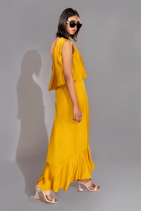 Buy_Shruti S_Yellow Modal One Shoulder Solid Dress With Belt _Online_at_Aza_Fashions