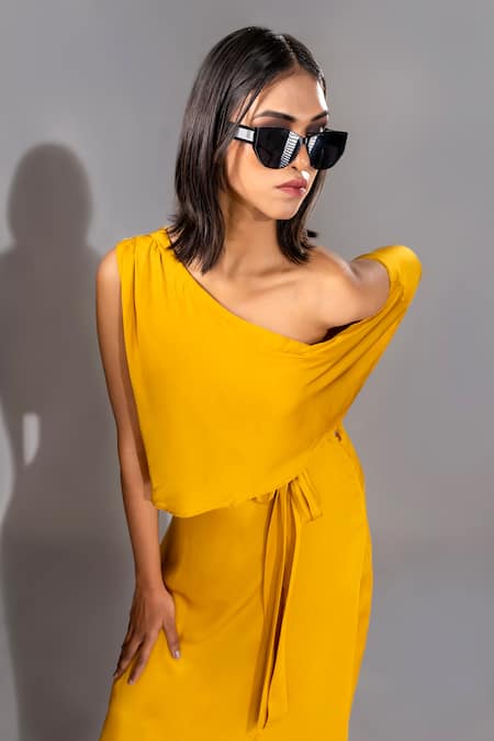 Shop_Shruti S_Yellow Modal One Shoulder Solid Dress With Belt _Online_at_Aza_Fashions