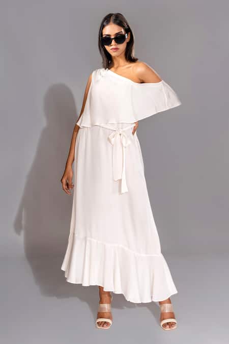 Shruti S White Natural Breathable Modal Satin Solid One Shoulder Frill Dress With Belt