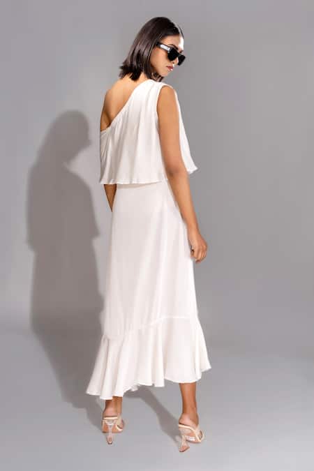 Shop Shruti S White Modal One Shoulder Frill Dress With Belt at Aza Fashions Shop_Shruti S_White Modal One Shoulder Frill Dress With Belt _at_Aza_Fashions