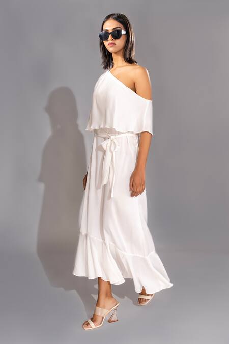 Shruti S White Modal One Shoulder Frill Dress With Belt Online at Aza Fashions Shruti S_White Modal One Shoulder Frill Dress With Belt _Online_at_Aza_Fashions