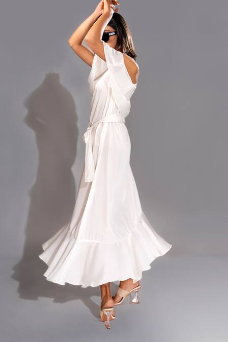 Buy Shruti S White Modal One Shoulder Frill Dress With Belt Online at Aza Fashions Buy_Shruti S_White Modal One Shoulder Frill Dress With Belt _Online_at_Aza_Fashions