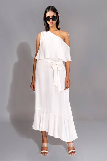Shop Shruti S White Modal One Shoulder Frill Dress With Belt Online at Aza Fashions Shop_Shruti S_White Modal One Shoulder Frill Dress With Belt _Online_at_Aza_Fashions