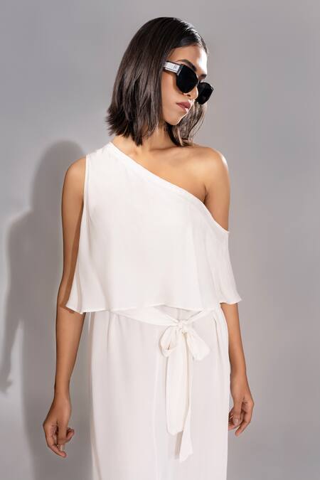 Shruti S White Modal One Shoulder Frill Dress With Belt at Aza Fashions Shruti S_White Modal One Shoulder Frill Dress With Belt _at_Aza_Fashions