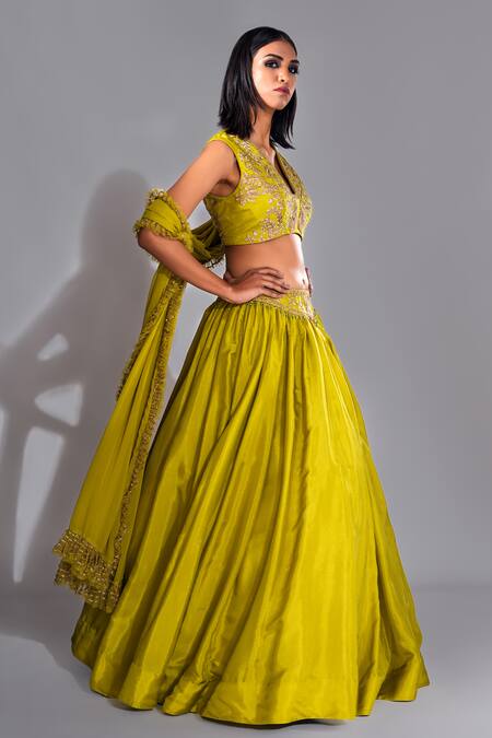 Shruti S_Green Silk, Georgette Zari, Crystals, Dori Embroidered Blouse Lehenga Set _Online_at_Aza_Fashions