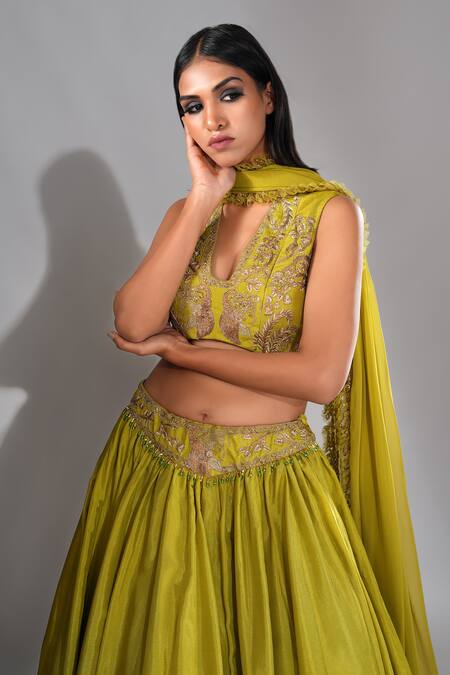 Shop_Shruti S_Green Silk, Georgette Zari, Crystals, Dori Embroidered Blouse Lehenga Set _Online_at_Aza_Fashions