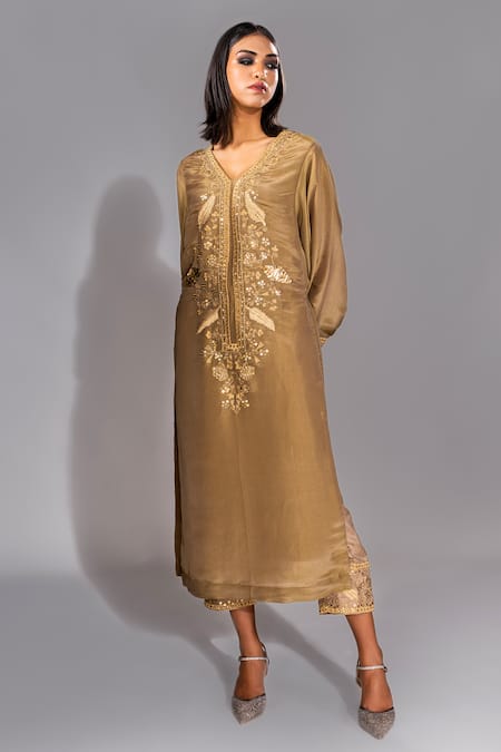 Shruti S_Gold Georgette, Silk Sequins, Zari V-neck Hand Embroidered Kaftan And Trouser Set _Online_at_Aza_Fashions