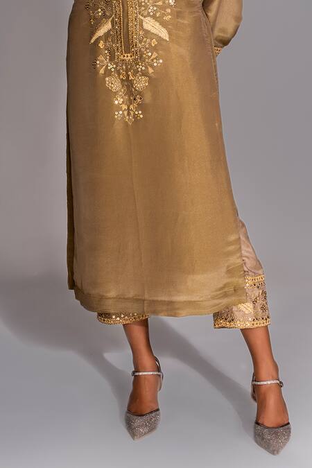 Buy_Shruti S_Gold Georgette, Silk Sequins, Zari V-neck Hand Embroidered Kaftan And Trouser Set _Online_at_Aza_Fashions