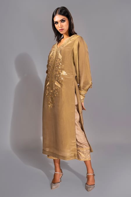 Shop_Shruti S_Gold Georgette, Silk Sequins, Zari V-neck Hand Embroidered Kaftan And Trouser Set _Online_at_Aza_Fashions