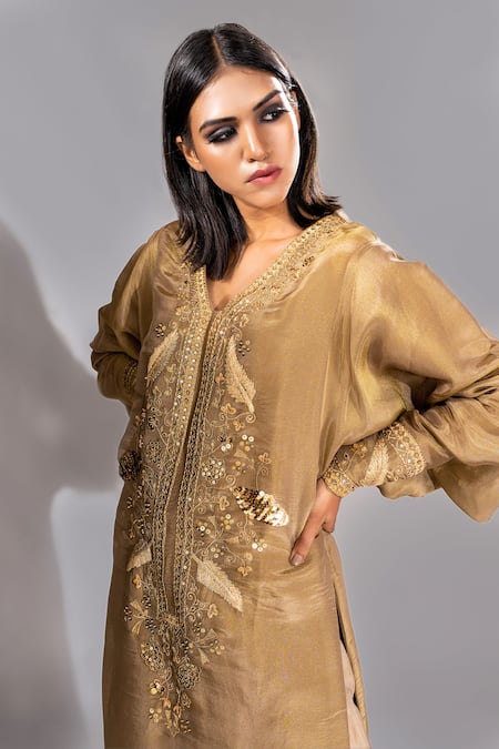 Shruti S_Gold Georgette, Silk Sequins, Zari V-neck Hand Embroidered Kaftan And Trouser Set _at_Aza_Fashions