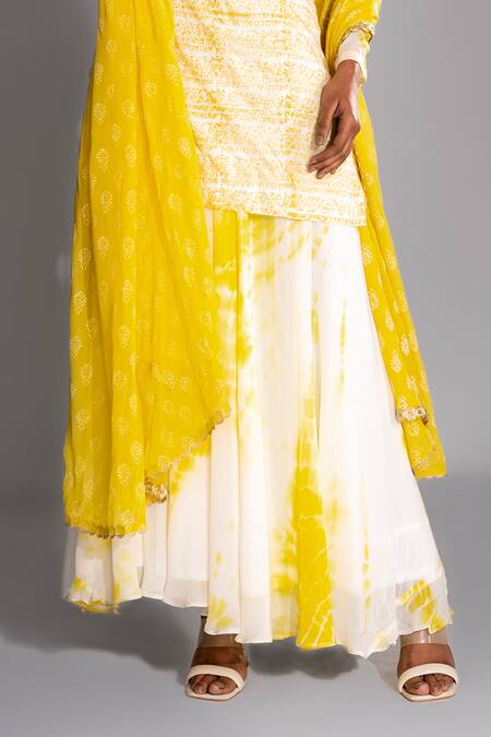 Shruti S_Yellow Silk, Georgette Tassels, Gota Patti Hand Block Print Kurta Sharara Set_Online_at_Aza_Fashions