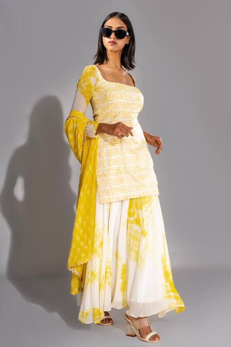 Buy_Shruti S_Yellow Silk, Georgette Tassels, Gota Patti Hand Block Print Kurta Sharara Set_Online_at_Aza_Fashions