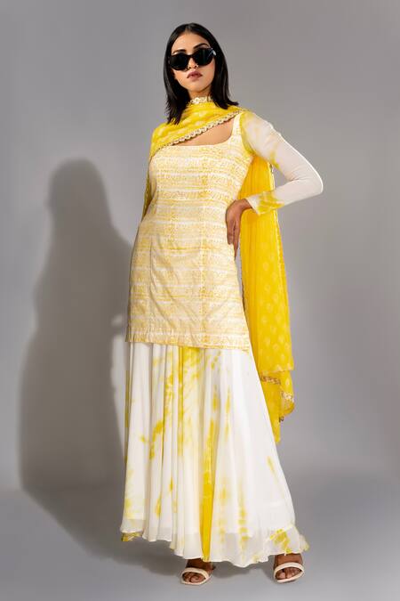 Shop_Shruti S_Yellow Silk, Georgette Tassels, Gota Patti Hand Block Print Kurta Sharara Set_Online_at_Aza_Fashions