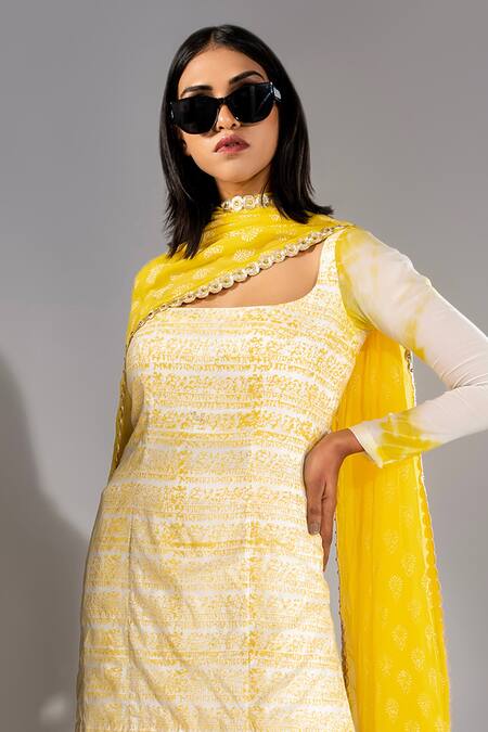 Shruti S_Yellow Silk, Georgette Tassels, Gota Patti Hand Block Print Kurta Sharara Set_at_Aza_Fashions