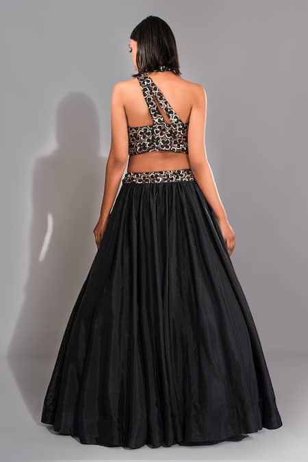 Shop Shruti S Black Silk, Organza Sequins, Embroidery, Cut Work Bandeau Blouse Lehenga Set at Aza Fashions Shop_Shruti S_Black Silk, Organza Sequins, Embroidery, Cut Work Bandeau Blouse Lehenga Set _at_Aza_Fashions