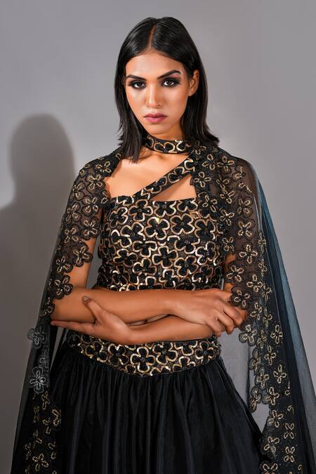 Shop Shruti S Black Silk, Organza Sequins, Embroidery, Cut Work Bandeau Blouse Lehenga Set Online at Aza Fashions Shop_Shruti S_Black Silk, Organza Sequins, Embroidery, Cut Work Bandeau Blouse Lehenga Set _Online_at_Aza_Fashions