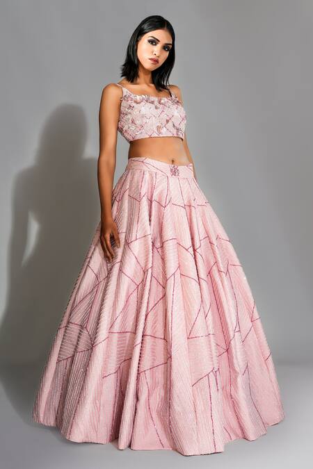 Shruti S_Pink Silk, Organza Sequins, Zari Square Neck Embroidered Lehenga Set _Online_at_Aza_Fashions