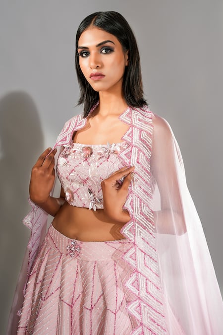 Buy_Shruti S_Pink Silk, Organza Sequins, Zari Square Neck Embroidered Lehenga Set _Online_at_Aza_Fashions