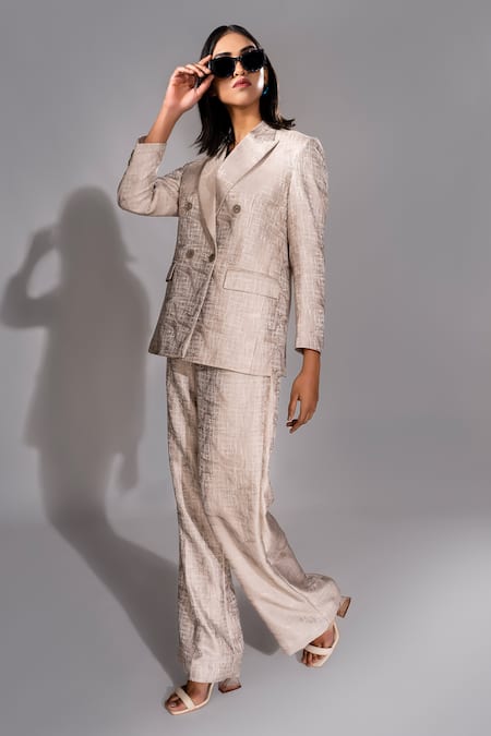 Shruti S Beige Light Jacquard Notched Lapel Jacket And Trouser Co-ord Set 