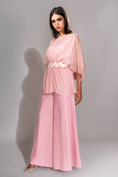 Shruti S Pink Organza, Modal, Cotton Sequins, Cut Batwing Top And Bell Bottom Trouser Set Online at Aza Fashions Shruti S_Pink Organza, Modal, Cotton Sequins, Cut Batwing Top And Bell Bottom Trouser Set _Online_at_Aza_Fashions