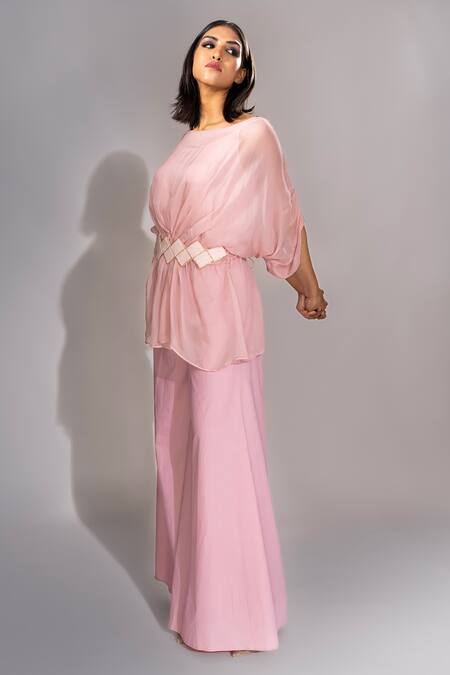 Buy Shruti S Pink Organza, Modal, Cotton Sequins, Cut Batwing Top And Bell Bottom Trouser Set Online at Aza Fashions Buy_Shruti S_Pink Organza, Modal, Cotton Sequins, Cut Batwing Top And Bell Bottom Trouser Set _Online_at_Aza_Fashions