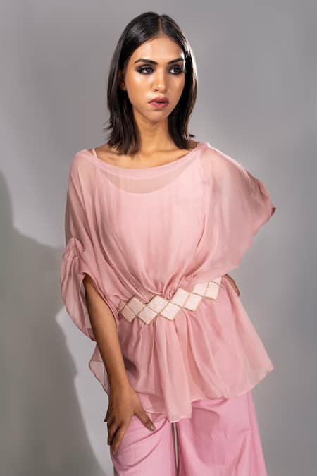 Shop Shruti S Pink Organza, Modal, Cotton Sequins, Cut Batwing Top And Bell Bottom Trouser Set Online at Aza Fashions Shop_Shruti S_Pink Organza, Modal, Cotton Sequins, Cut Batwing Top And Bell Bottom Trouser Set _Online_at_Aza_Fashions