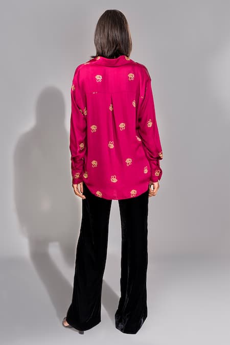 Shop_Shruti S_Purple Modal, Satin Embroidery Collared Bee Hand Block Print Shirt _at_Aza_Fashions