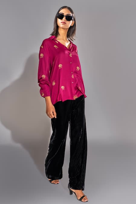 Shruti S_Purple Modal, Satin Embroidery Collared Bee Hand Block Print Shirt _Online_at_Aza_Fashions
