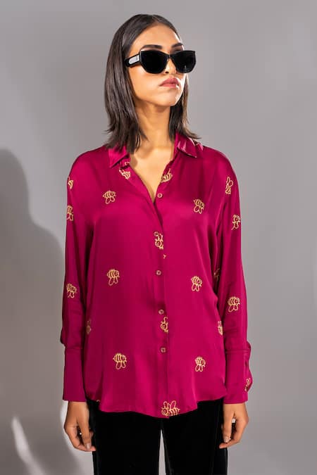 Buy_Shruti S_Purple Modal, Satin Embroidery Collared Bee Hand Block Print Shirt _Online_at_Aza_Fashions